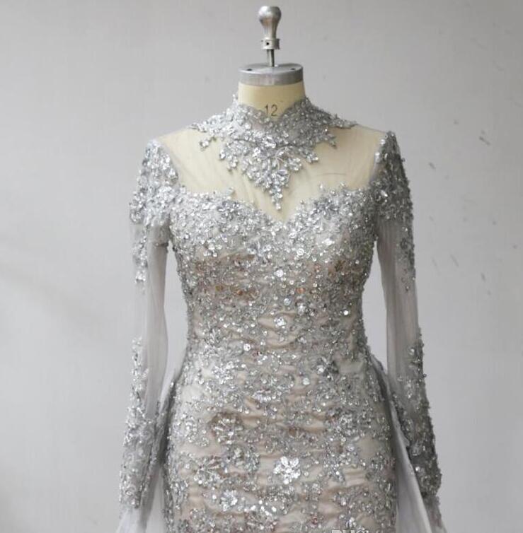 Beautiful Lace Long Sleeve Luxury Silver High Neck Mermaid Wedding ...
