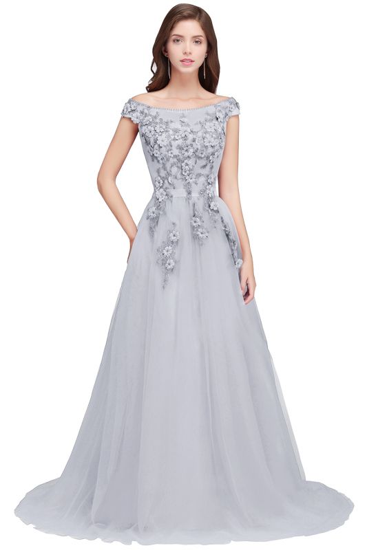 EMBER | A-line Off-shoulder Floor-length Tulle Appliques Prom Dresses