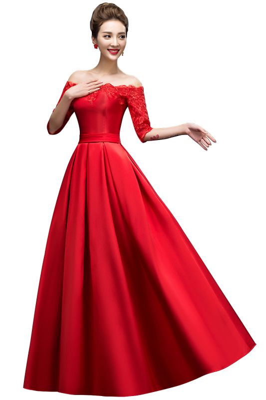 ELLISON | A-line Half Sleeve Floor-length Off-shoulder Appliques Prom Dresses