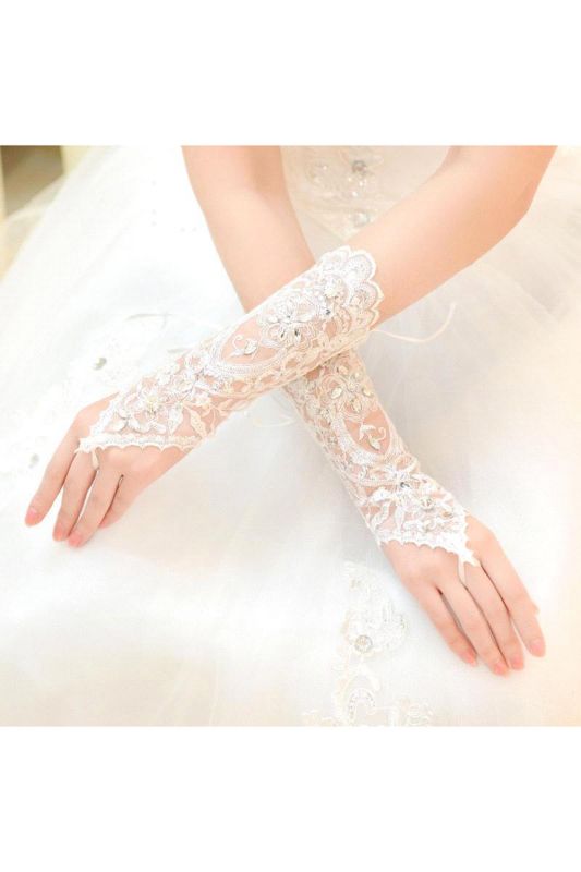 Lace Fingerless Ellbogen Länge Hochzeit Handschuhe mit Applikationen