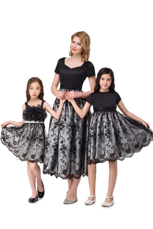 HEATHER| A-line Short Bowknot Flower Black Lace Mother Daughter Dresses