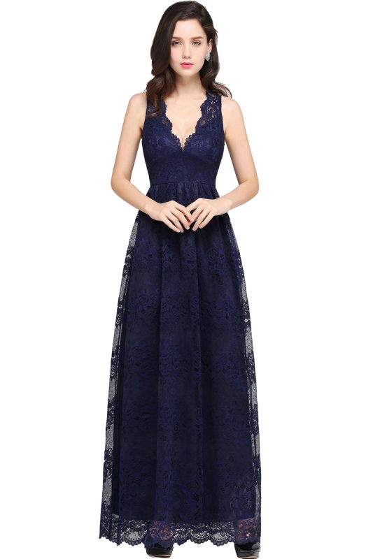CHAYA | Sheath V-neck Floor-length Lace Navy Blue Prom Dress