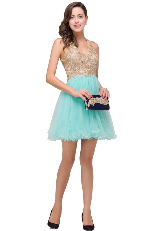 Short Tulle A-line V-Neck Appliques Sleeveless Prom Dresses