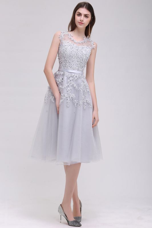 Tea-Length A-line Sheer-Neck Amazing Lace-Appliques Beaded Party Dresses