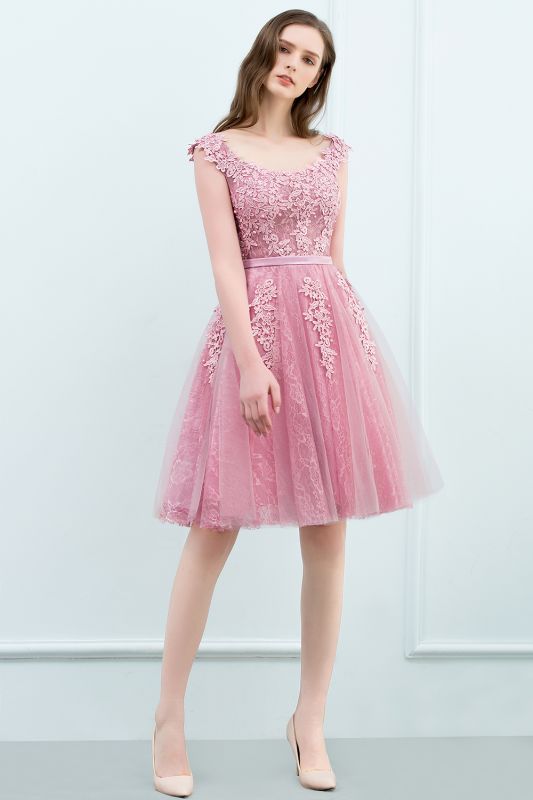 WILMA | Ball Gown Illusion Neckline Tea Length Lace Tulle Dusty Pink Prom Dresses with Beading