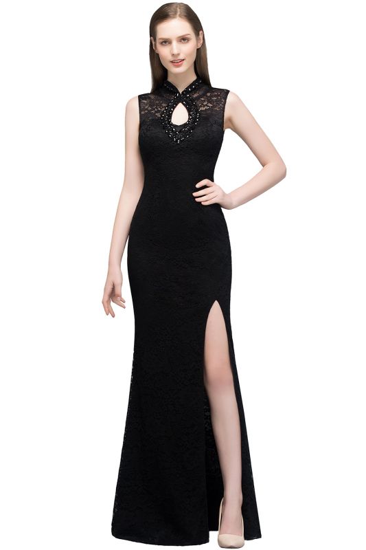 VERA | Mermaid Sleeveless Keyhole Neckline Floor Length Lace Prom Dresses with Crystals