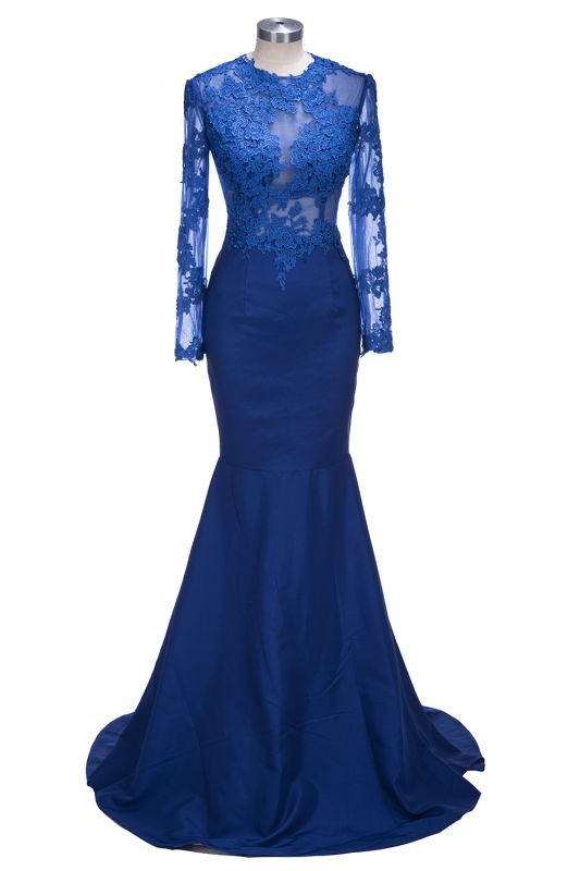Long-Sleeves Royal-Blue Sheer Long Mermaid Lace Prom Dresses