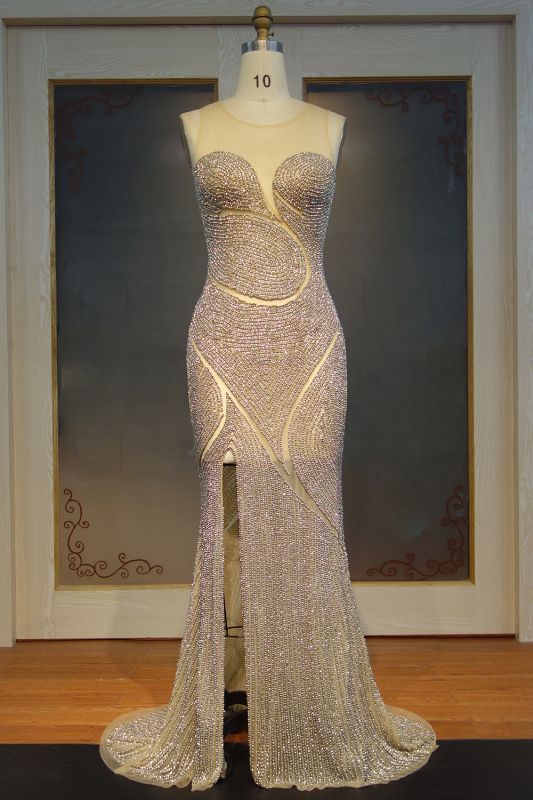 JOLENE | Mermaid Illusion Neckline Long Front Split Sequined Prom Dresses