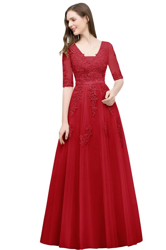 JORDYNN | A-line Half-sleeve V-neck Floor Length Appliqued Tulle Prom Dresses with Sash