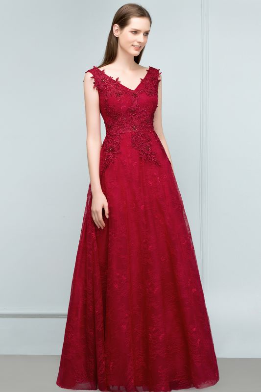 JUDITH | A-line V-neck Long Sleeveless Lace Appliques Prom Dresses with Crystals