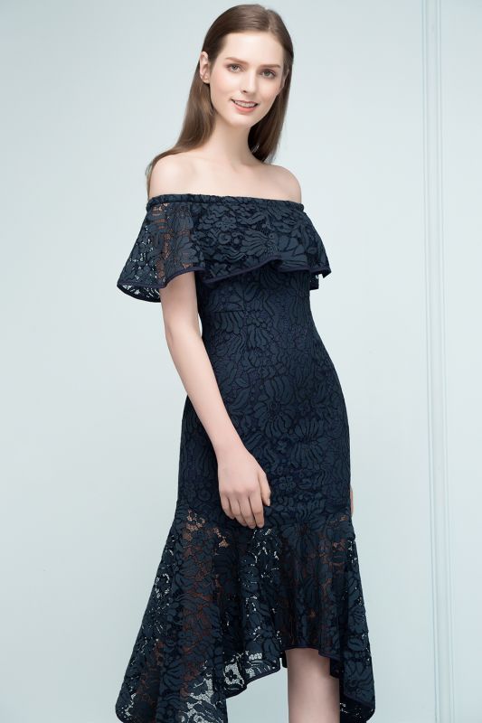 VERENA | Mermaid Off-shoulder Tea Length Black Lace Prom Dresses ...