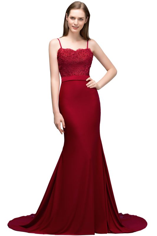 VALERY | Mermaid Spaghetti Sweetheart Long Burgundy Appliques Prom Dresses with Beads