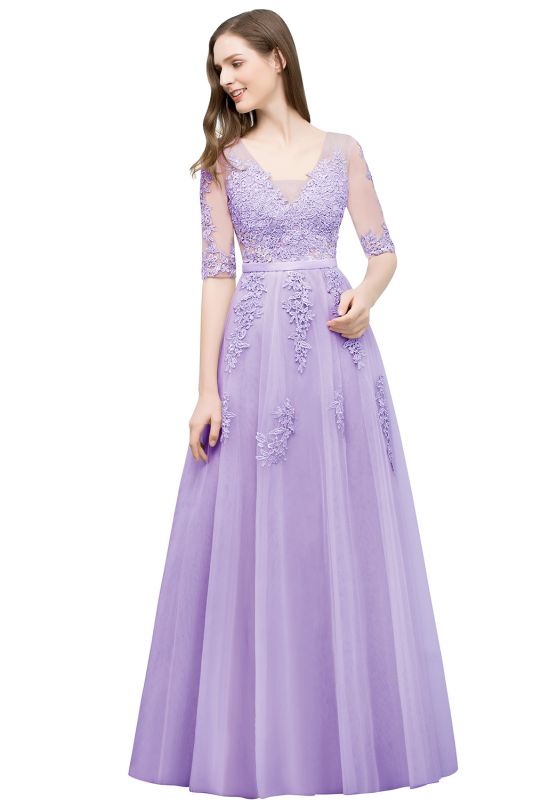 JORDYNN | A-line Half-sleeve V-neck Floor Length Appliqued Tulle Prom Dresses with Sash