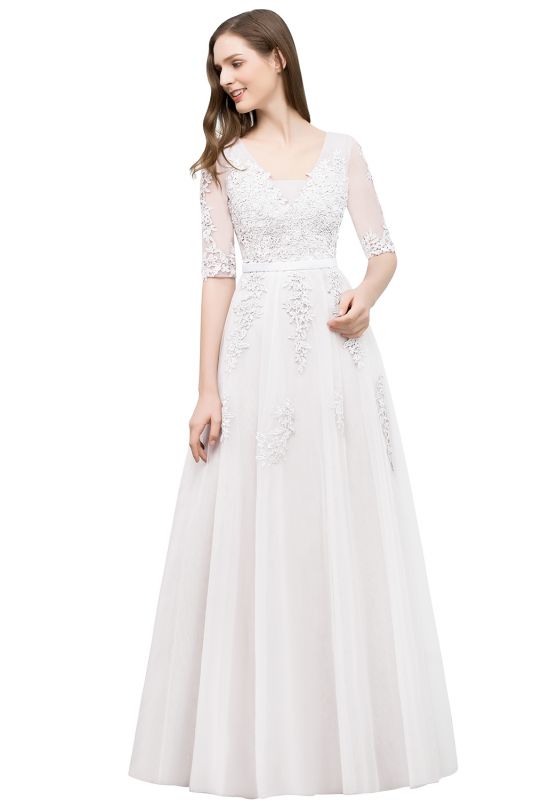 JORDYNN | A-line Half-sleeve V-neck Floor Length Appliqued Tulle Prom Dresses with Sash