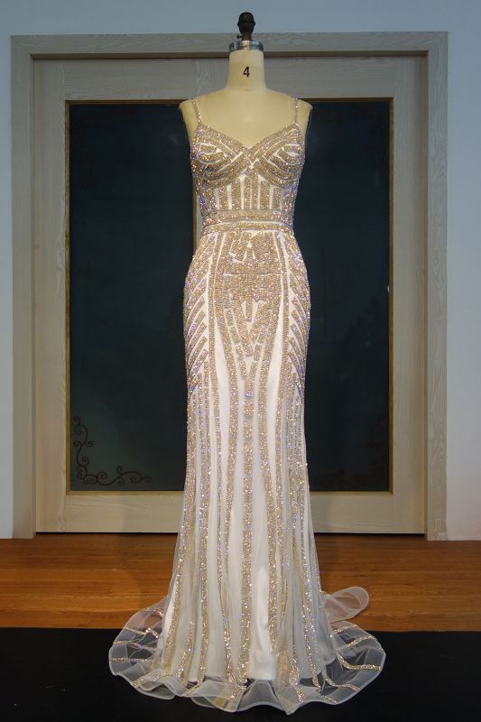 JAYLEEN | Mermaid Sweetheart Long Spaghetti Champagne Sequined Prom Dresses