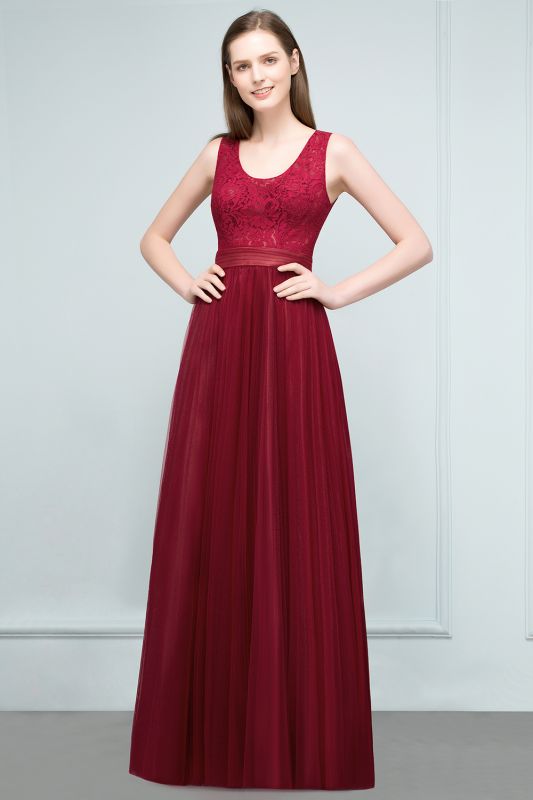 JULIANNA | A-line Scoop Long Sleevless Lace Top Burgundy Tulle Prom Dresses