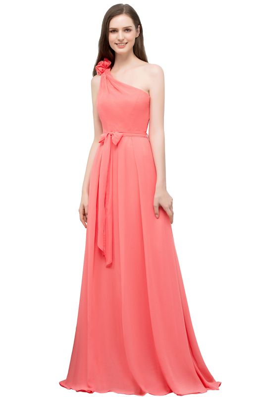 VALERIA | A-line One Shoulder Floor Length Chiffon Prom Dresses with Bow Sash