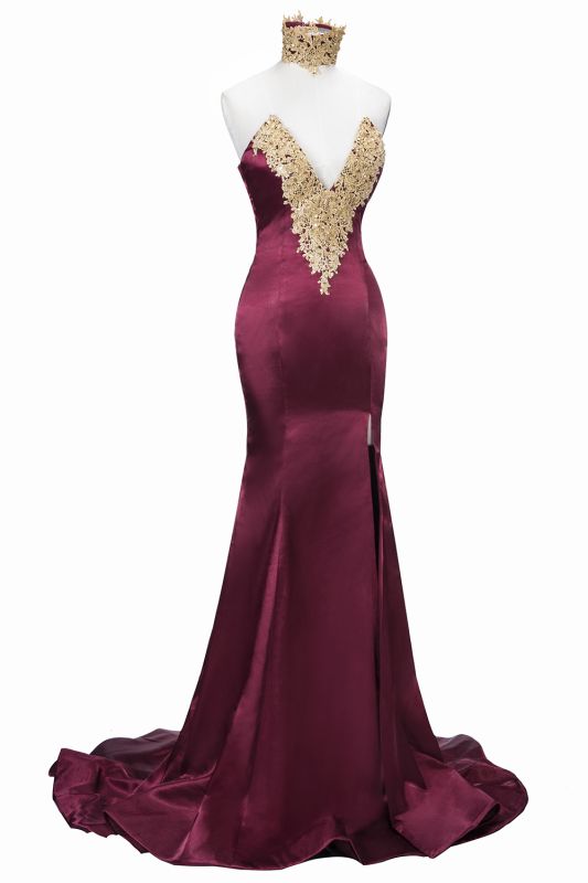 THERESIA | Mermaid High Neck Front-Split Burgundy Lace Appliques Prom Dresses