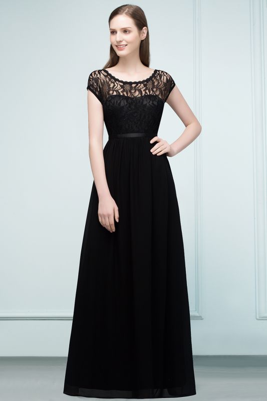 REESE | A-line Floor Length Short Sleeves Lace Bridesmaid Dresses with Sash