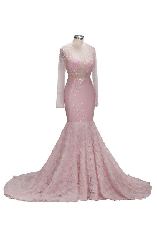 TATUM | Mermaid Long Sleeves Appliques Prom Dress with Pink Beadings