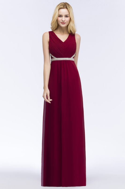 ROSALINE | A-line Long Sleeveless V-neck Ruffled Chiffon Bridesmaid Dresses with Beading Sash