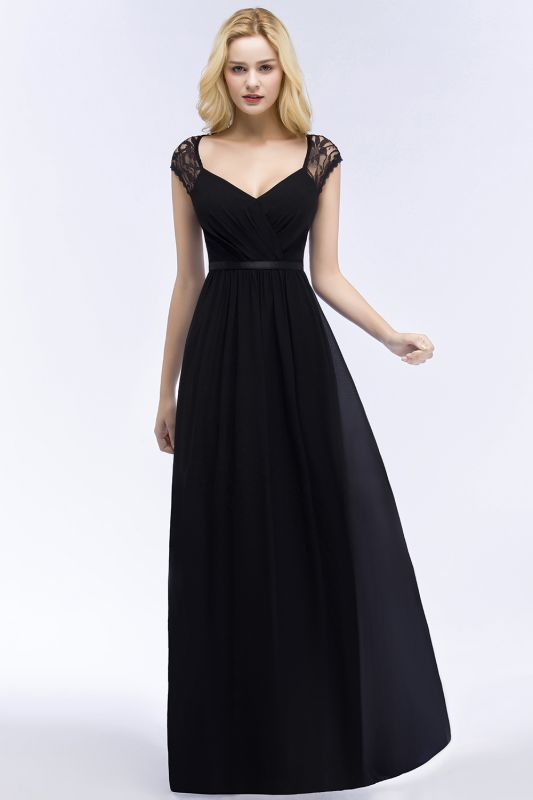 ROSALIA | A-line V-neck Floor Length Lace Chiffon Bridesmaid Dresses with Sash