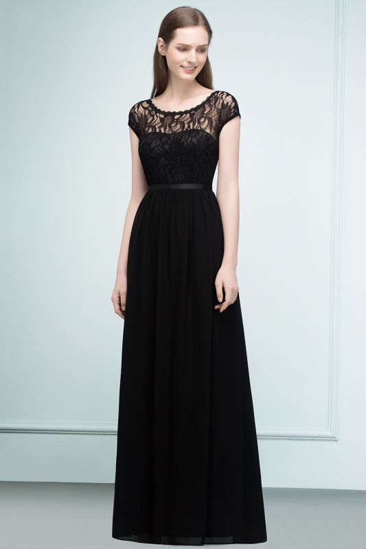 REESE | A-line Floor Length Short Sleeves Lace Bridesmaid Dresses with Sash