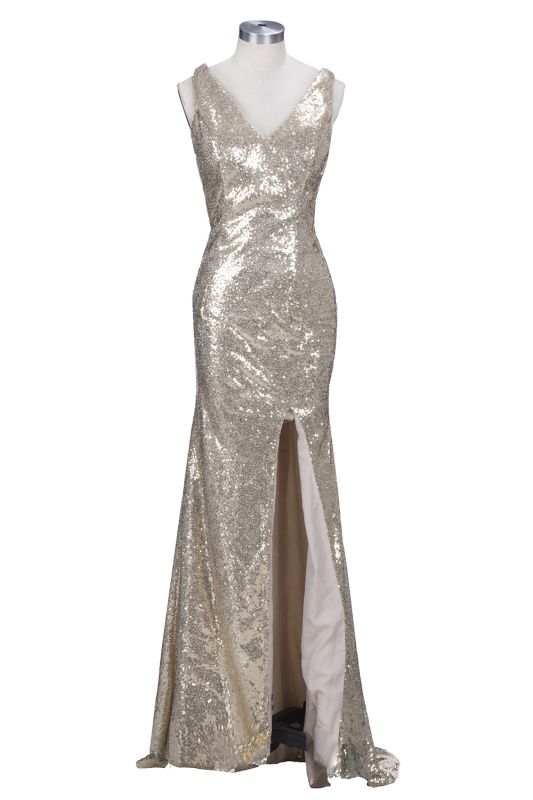 VIOLA | Sheath V-neck Long Split Sequined Champagne Prom Dresses ...
