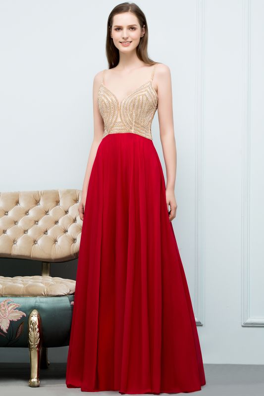 STELLA | A-line Spaghetti Floor Length Beading Burgundy Prom Dresses