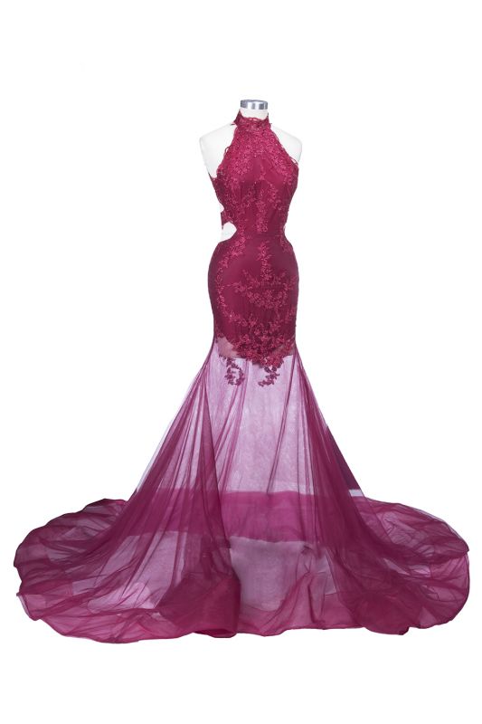 SALLIE | Mermaid High-Neck Burgundy Sheer-Tulle Lace Appliques Prom Dresses