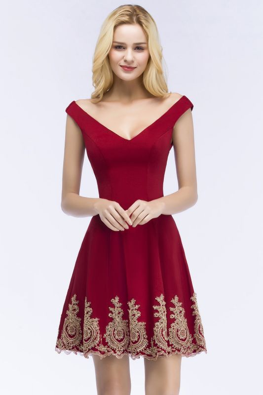 ROSE | A-line V-neck Short Off-shoulder Appliques Burgundy Homecoming Dresses