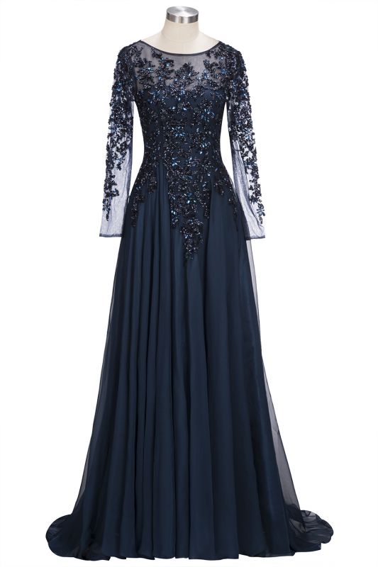 Dark Navy A-line Floor Length Long Sleeve Beads Appliques Elegant Evening Dresses