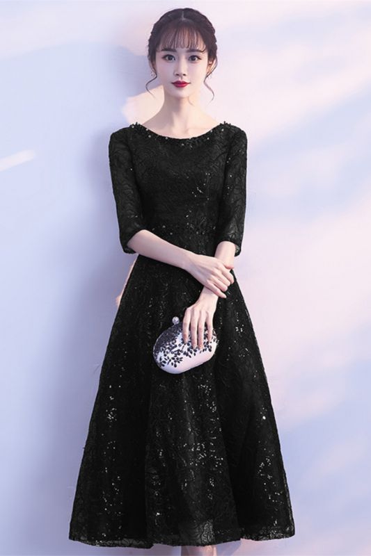A-line Scoop Half Sleeves Tea Length Sequined Patterns Homecoming/Cockatail Dresses