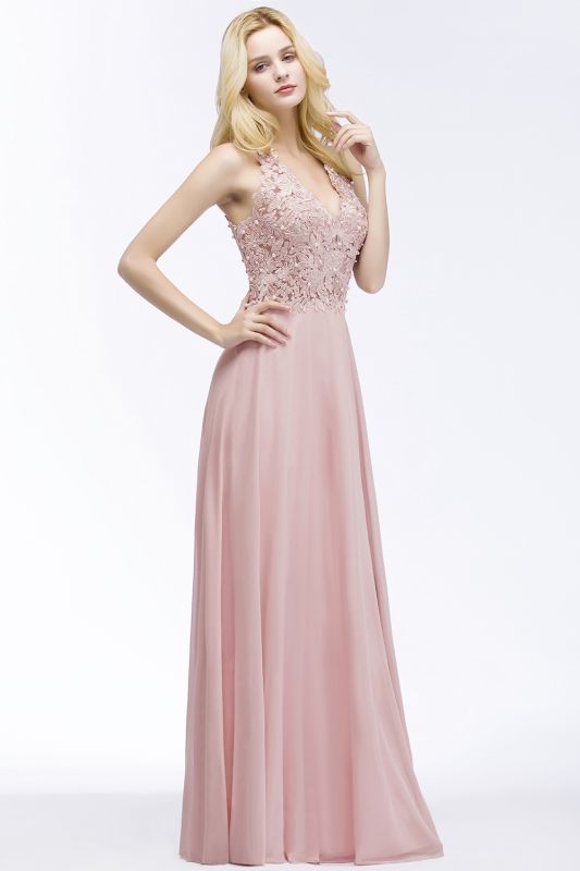 PAM | A-line V-neck Sleeveless Long Appliques Chiffon Bridesmaid Dresses