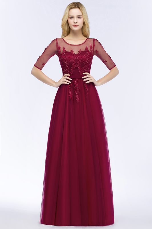 QUEENIE | A-line Floor Length Appliques Tulle Bridesmaid Dresses with Sleeves