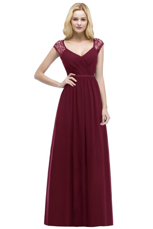 ROSALIA | A-line V-neck Floor Length Lace Chiffon Bridesmaid Dresses with Sash