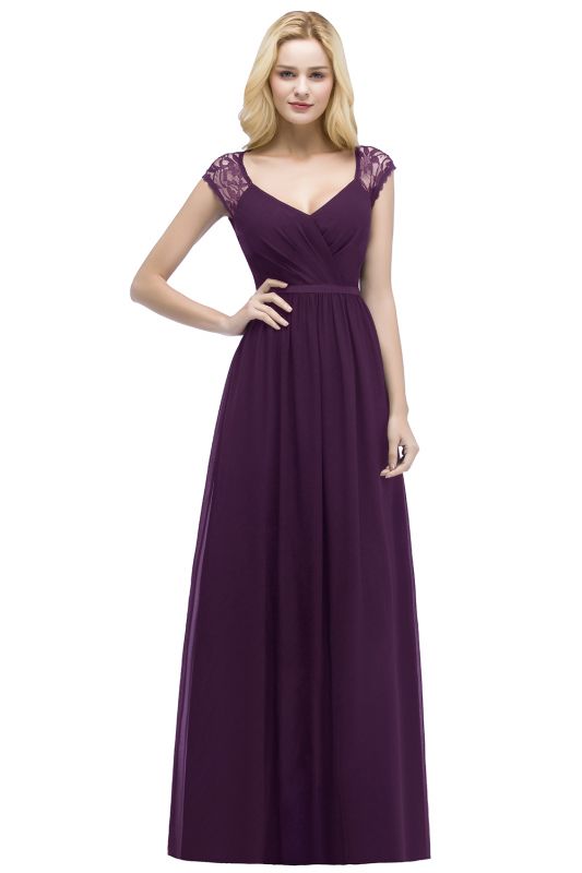 ROSALIA | A-line V-neck Floor Length Lace Chiffon Bridesmaid Dresses with Sash