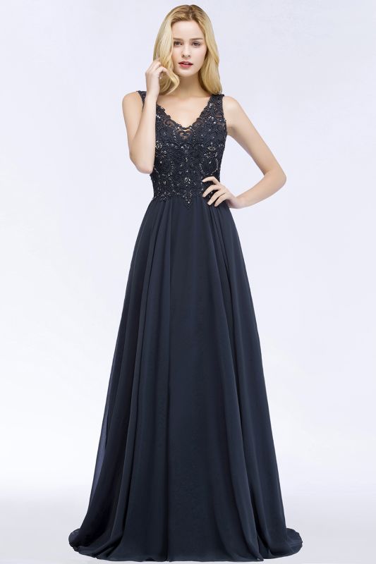 PATRICIA | A-line V-neck Sleeveless Long Appliqued Chiffon Prom Dresses with Crystals