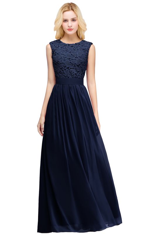 EMELY | Sheath Crew Sleeveless Floor-length Lace Top Chiffon Bridesmaid Dresses