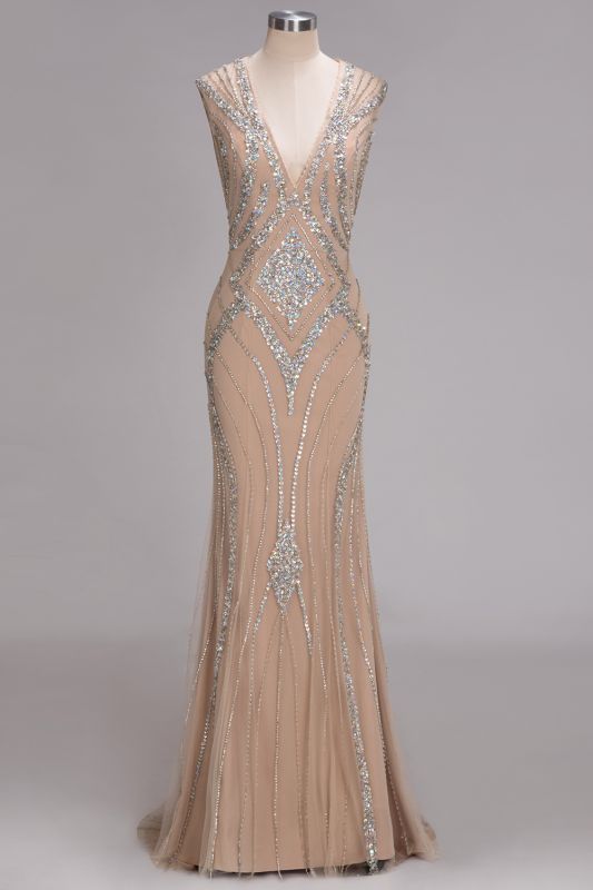 V-Neck Long Gorgeous Mermaid Crystal Sleeveless Beadings Prom Dress