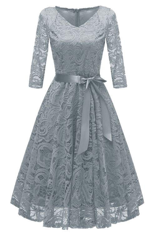 New Solid Lace Rundhalsausschnitt Vintage-Kleid