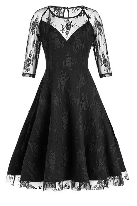 Black Half Sleeves Hollow Women Lace Dress