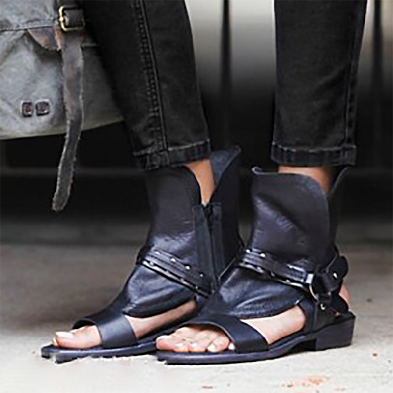 Rivet PU Flat Summer Daily Peep Toe Buckle Sandals