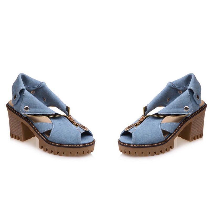 Denim Peep Toe Plattform Frauen Chunky Sandalen