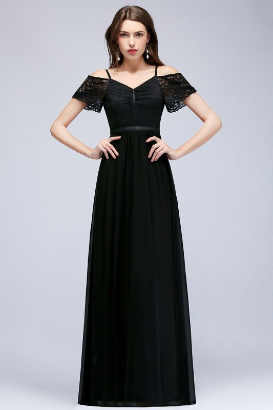 Spitze Sexy Cold-Shoulder Chiffon Schwarz Kurzarm Abendkleid