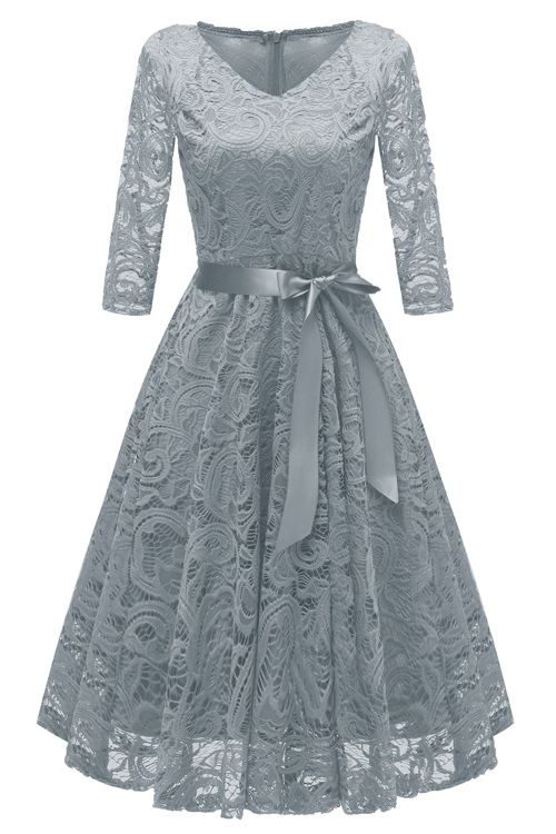 New Solid Lace Round Neck Vintage Dress