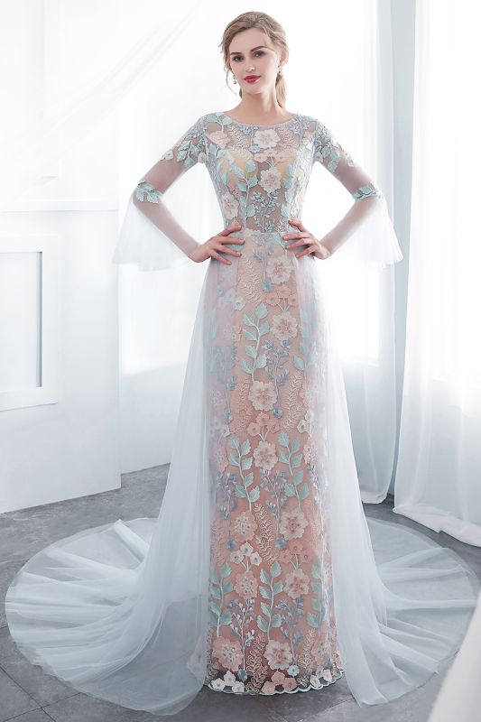 NAOMI | Sheath Long Sleeves Sheer Neckline Appliqued Flowers Evening Dresses