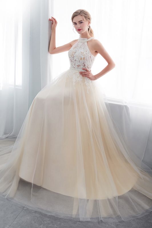 NATALIA | A-line Halter Floor Length Appliqued Tulle Evening Dresses