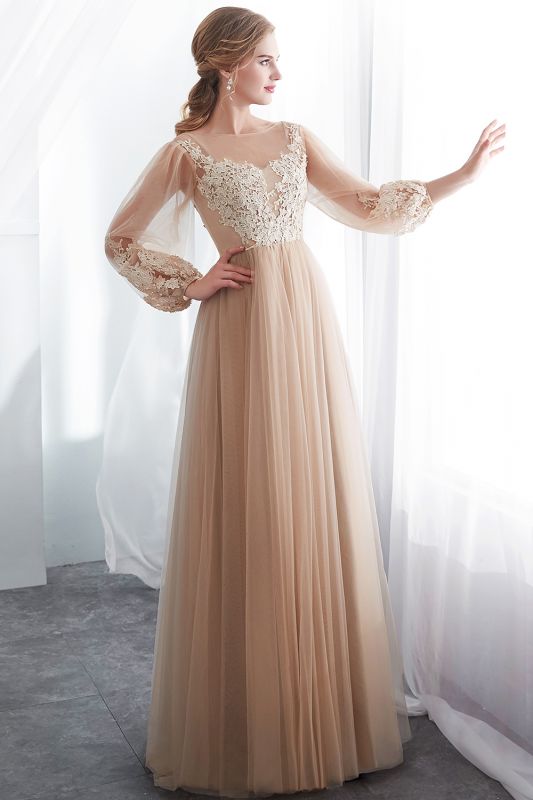 NATALIE | A-line Long Sleeves Appliques Tulle Champagne Evening Dresses