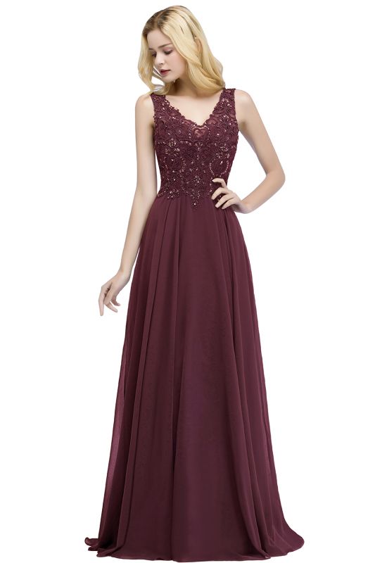 PATRICIA | A-line V-neck Sleeveless Long Appliqued Chiffon Prom Dresses with Crystals